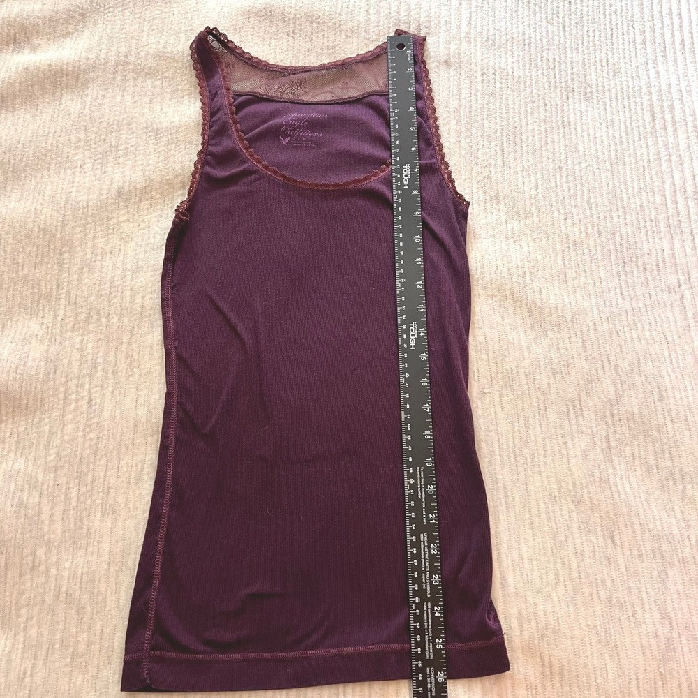 American Eagle Purple Ribbed Lace Trim Tank Top Sheer Back Womens Large Y2K - Picture 7 of 8